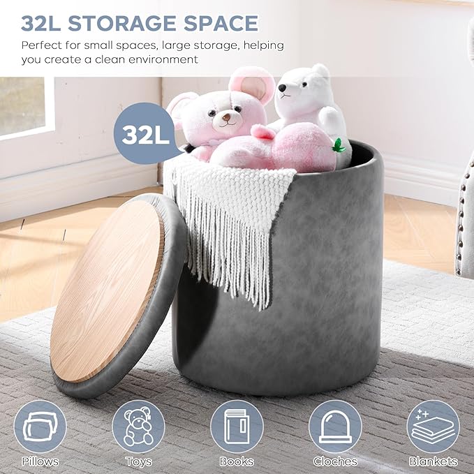 12.6" W x 14.17" H & 14.76" W x 17.32" H Storage Ottoman Foot Stool for Couch, Nesting Round Vanity Stools Padded Ottomen, Leather Set of 2 Footrest for Living Room,Grey