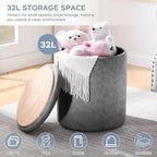 12.6" W x 14.17" H & 14.76" W x 17.32" H Storage Ottoman Foot Stool for Couch, Nesting Round Vanity Stools Padded Ottomen, Leather Set of 2 Footrest for Living Room,Grey
