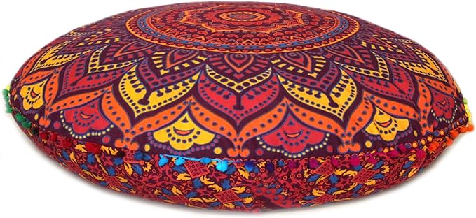 INDIAN CRAFT CASTLE New Orange Ombre 24" Mandala Barmeri Large Floor Pillow Cover Cushion Meditation Seating Ottoman Throw Cover Hippie Decorative Zipped Bohemian Pouf Ottoman Pom Pom Cases 24" Round