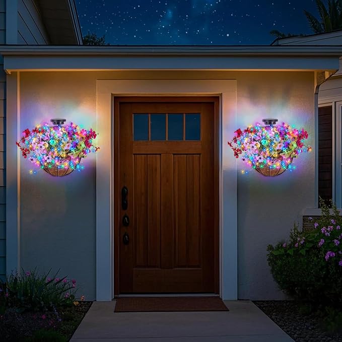 Solar Hanging Basket with Artificial Flowers: Outdoor Fake Flower Baskets with Solar String Lights for Fall Decor - 10 inch Plant Basket with Silk Faux Petunias for Porch Railing Fence Wall Door