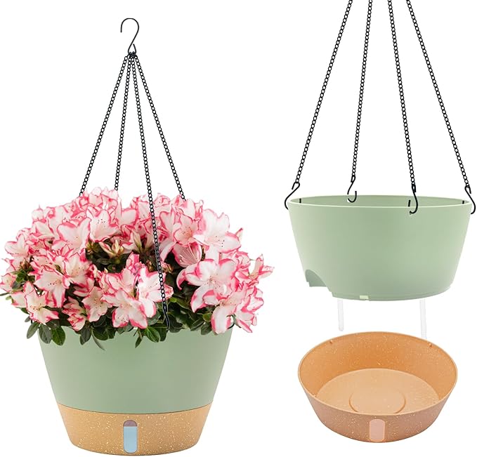 ZMTECH 2 Pack 12 Inch Hanging Planters for Indoor Plants, Large Green Self Watering Hanging Planter with Visible Water Level & Removable Tray, Decorative Flower Pots for Outdoor Garden