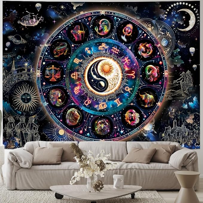 Lahasbja Blacklight Constellation Tapestry UV Reactive Sun and Moon Tapestries Spiritual Zodiac Astrology Wall Tapestry Galaxy Wall Decor Mystic Yin Yang Wall Hanging for Bedroom