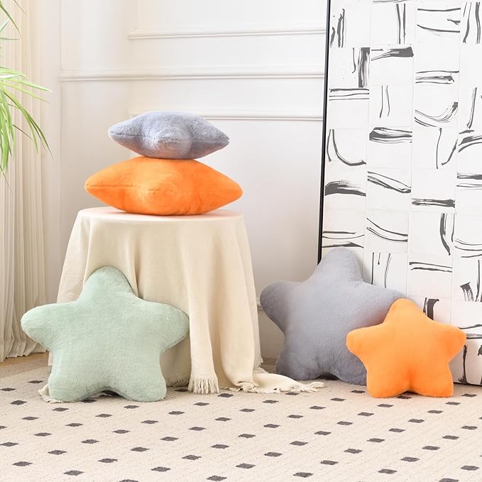 Xiashrk Star Pillow, Decorative Throw Pillows for Bed Couch, 15" Star Shaped Pillow Plush Floor Cushions Room Decor Pillow with Faux Rabbit Fur for Sofa Bedroom Living Room (Light Grey, 15" x 15")