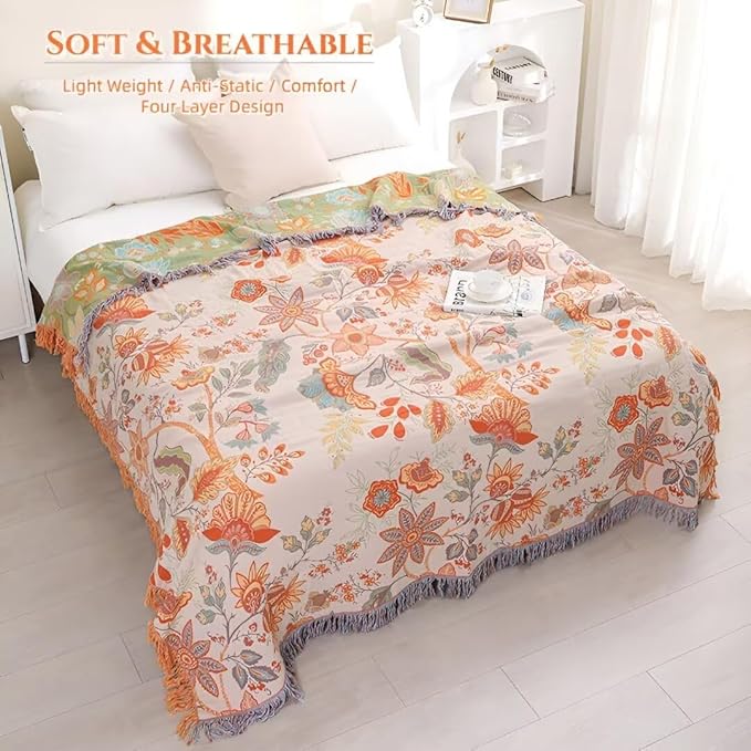 Boho Blanket for Bed 100% Cotton Bohemian Throw Blankets Ultra Soft Woven Muslin Decorative Blankets All Seasons Vintage Quilt Knitted Blanket for Sofa Chair(Orange, 60"x80")