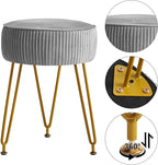 IBUYKE Velvet Round Footrest Ottoman, Makeup Vanity Stool Side Table, Dressing Table Seat, Pouf Couch Stool, Golden Steel Legs, Gray LG-30G
