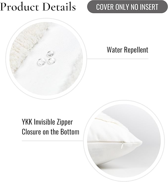 Hofdeco Premium Coastal Patio Tufted Indoor Outdoor Throw Pillow Cover Only, 18"x18" Water Resistant for Backyard, Couch, White Fluffy Stripes
