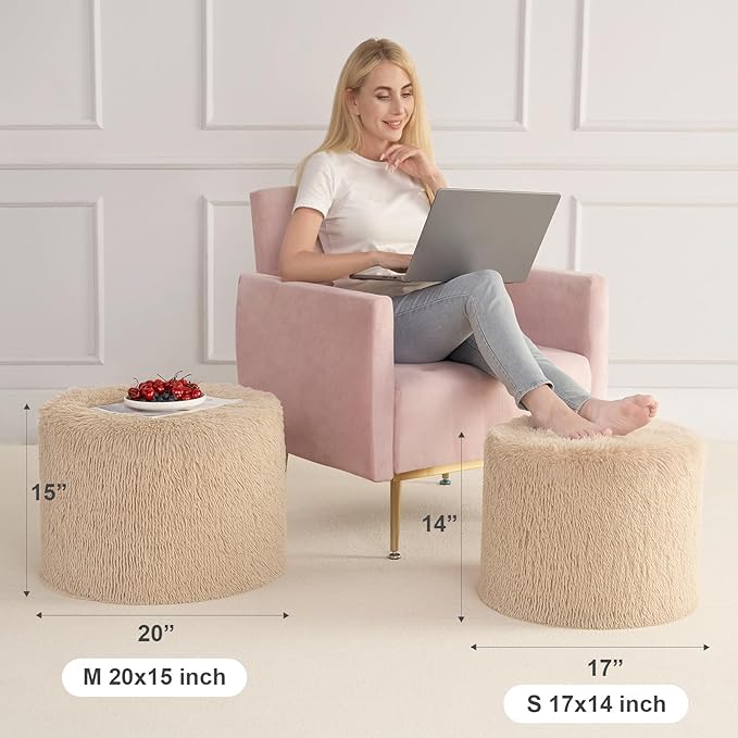 Hansleep Round Pouf Ottoman Foot Rest, 17 x 14 Small Faux Fur Stuffed Pouf for Chair, Foam Filled Foot Stools Ottomans for Living Room, Brown