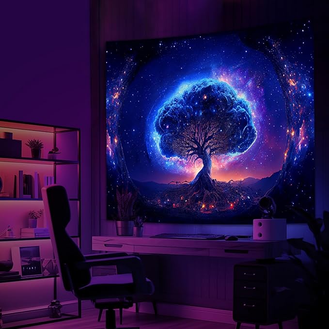 Avinyl Blacklight Tree and Space Tapestry for Bedroom, Aesthetic Cool Black Light Tree of Life Tapestries for Girl, Fantasy Stars Galaxy Wall Hanging for Living Room Teen Dorm Christmas Festival Decor (60" x 79")