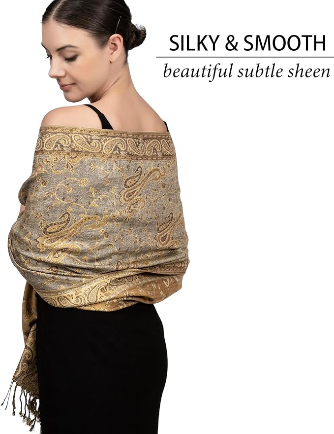 Achillea Reversible Paisley Pashmina Rave Scarf – Exotic Indian Shawls and Wraps for Evening Dresses, Festivals, All Seasons