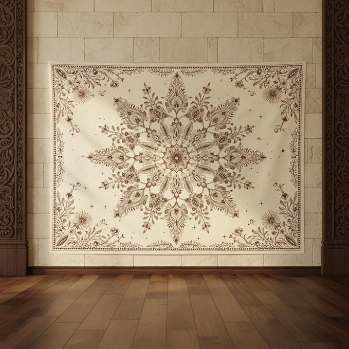 Accnicc Boho Floral Mandala Tapestry Wall Hanging Bohemian Beige Flower Tapestry Aesthetic Hippie Indian Large Tapestries for Bedroom Living Room Dorm Decor 80 x 60 Inch