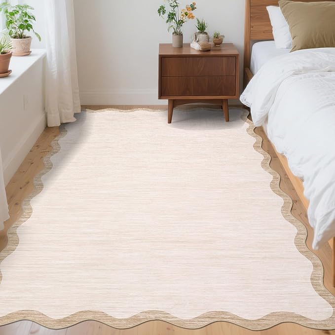 GarveeHome Scalloped Washable Rug 4x6, Beige Boho Living Room Area Rug, Bordered Non-Slip Farmhouse Bedroom Carpet Dorm Room Throw Rug, Low Pile Soft Accent Mat for Kitchen Entry Office 4'x6' Beige