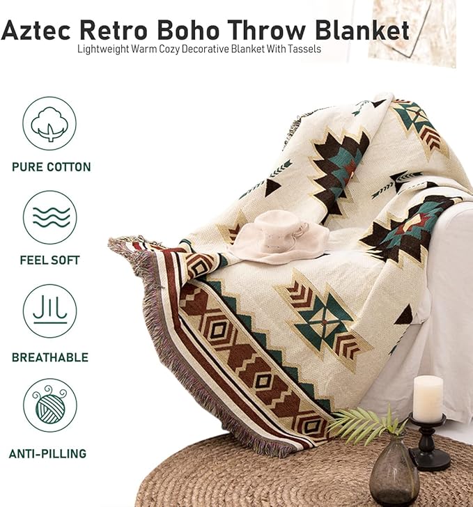 Hopstar Aztec Throw Blanket Navajo Indian Blankets and Throws Boho Western Decor Couch Cover Blanket for Bed Sofa Living Room Beach Travel 51"x63"