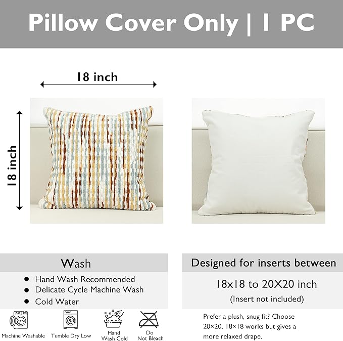 Boho Chenille Striped Pillow Cover 18x18 Inch, Decorative Pillow Cover for Couch Bed Sofa Living Room Bedroom Farmhouse Modern Home Decor Accent Pillowcases Set of 1, Multicolor