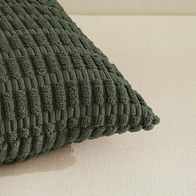 Fancy Homi 4 Packs Boho Olive Green Decorative Throw Pillow Covers 12x20 Inch for Couch Bed Sofa, Rustic Modern Farmhouse Home Decor, Soft Plush Corduroy Cute Square Cushion Case 30x50 cm