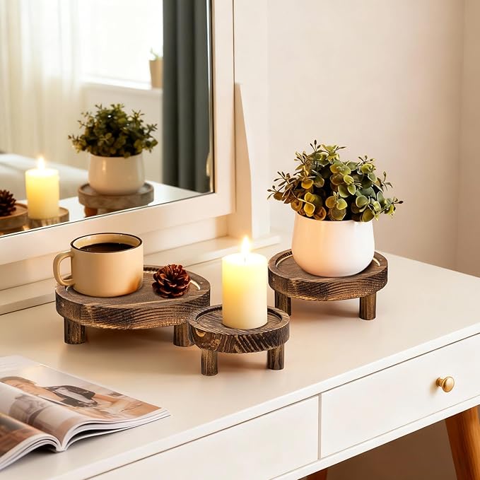 3PCS Wooden Display Stand， Rustic Whitewashed Wood Risers for Home Decor - Decorative Stackable Shelf for Plants, Candles, Books - Farmhouse Pedestal Stand (6” 8” 10”) (burning color)
