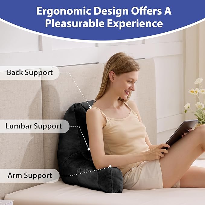Reading Pillows for Sitting in Bed Adult, Back Pillow for Bed Sitting Up, Backrest Pillows with Shredded Foam for Adult&Teens, Support Pillow with Arms for Beds, Couch, Floor, 18in, Black
