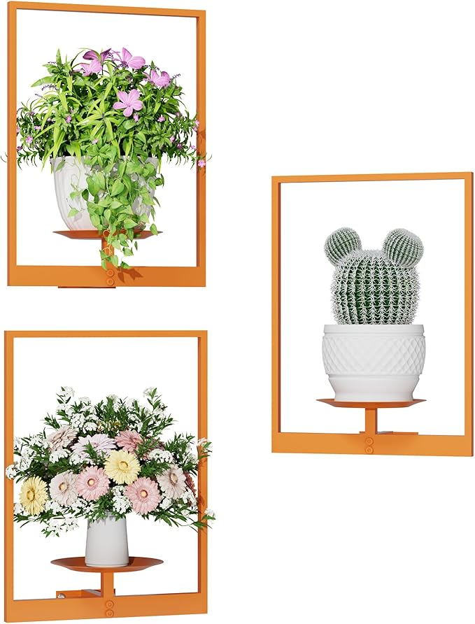 Orange Metal Wall Plant Holder - 3-Pack Wall Mounted Plant Stands and Hanging Holders for Indoor Planter and Flower Pot -Rectangle Decor Shelf for Plant Storage (Pot Not Included)