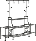 GIOTORENT 3-Tier Tall Metal Plant Stand Indoor Outdoor - Heavy Duty Plant Shelf for Garden, Patio, Balcony with 5 Hanging Hooks, Holds 16-25 Plants, Black