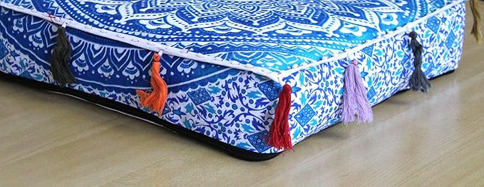 ICC Large Square Cotton Mandala Cushion Cover Hippie Ottoman Pouf Cover Daybed Floor Pillow Cover with Heavy Duty Zipper Seating Ottoman Poufs Dog-Pets Bed (Blue Ombre, 18" Square)