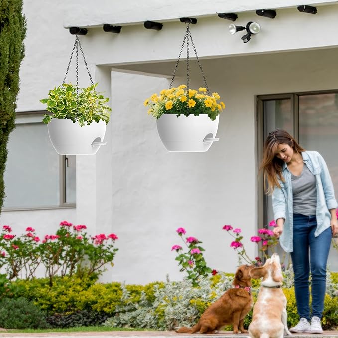 3 Pack 10 Hanging Flower Pots with Chains Self Watering Plastic Planters for Indoor Outdoor Plants, Sturdy Triangular Iron Chain Design for Garden PorchPlastic Hanging Flower pots (3, White)
