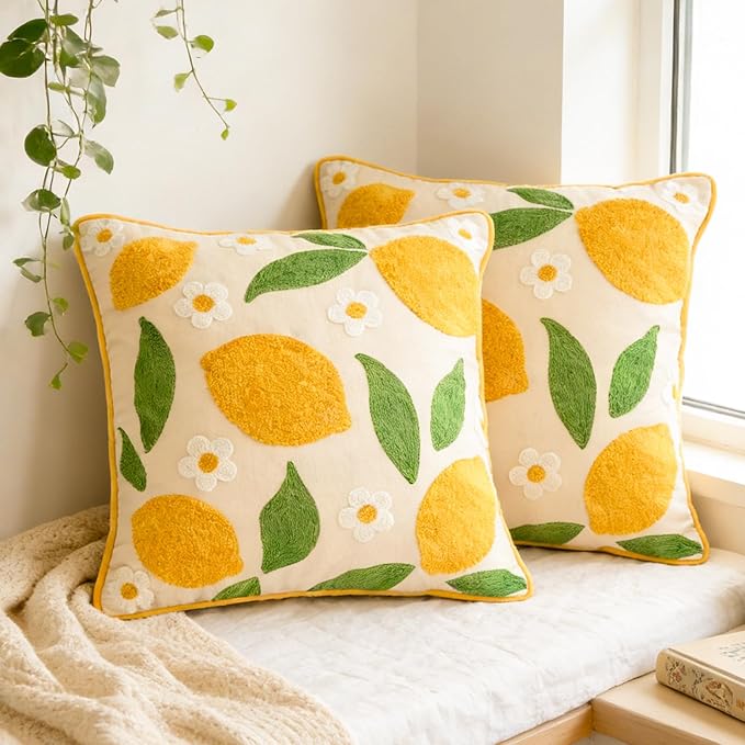 Whaline 2 Pcs Summer Tufted Throw Pillow Covers Embroidered Lemon Daisy Pillow Case Fruit Jacquard Decorative Cushion Case for Living Room Bedroom Couch Sofa Bed Home Decor, 18 x 18 Inch