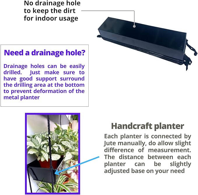 LaLaGreen 16 Inch Wall Mounted Tiered Planter for Indoor Succulent Plants, 3 Tier Modern Black Rectangular Metal Planter