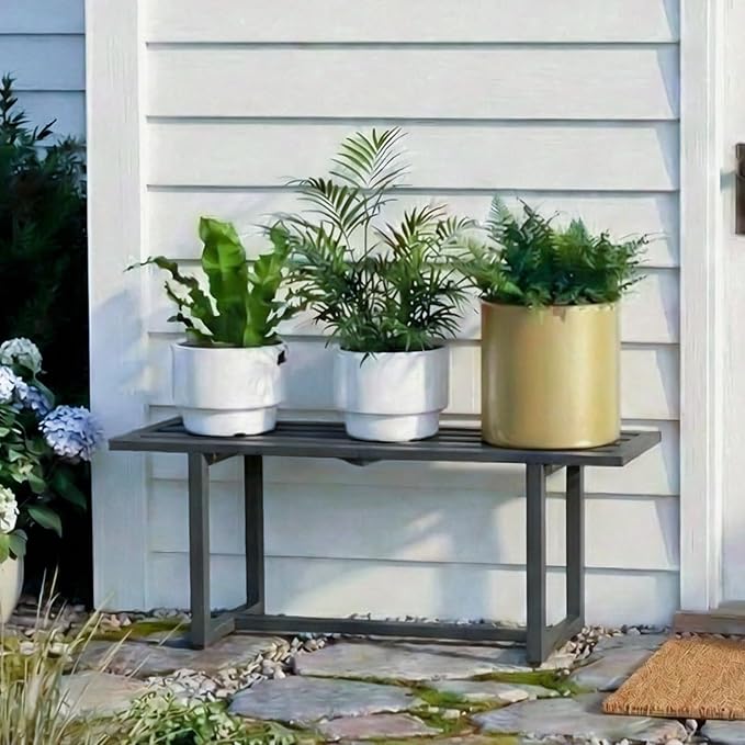 Plant Stand Indoor Outdoor, Foldable Metal Plant Shelf for Multiple Pots, Mid Century Slatted Bench for Patio Garden, Heavy Duty Capacity 330 lbs 2 Pack Grey