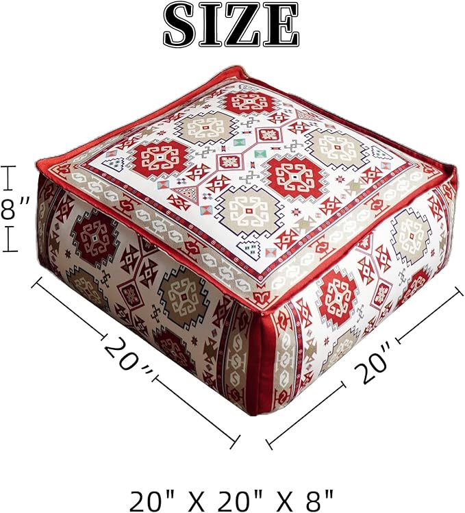 Unstuffed Pouf Cover Ottoman Footrest Bohemian Chenille Foot Stool Floor Bean Bag 20x20x8 Inches for Living Room Bedroom Home Decor (Red, Square)