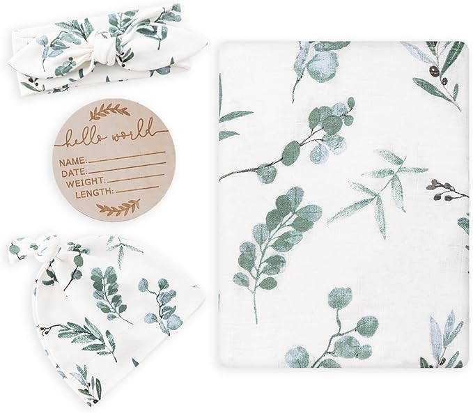 BabyWhale Muslin Swaddle Blanket with Hat and Headband Bow, Boho Green Eucalyptus Leaves Swaddle Set for Newborns, Breathable Receiving Blanket Wrap, Large 47x47 inches