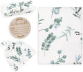 BabyWhale Muslin Swaddle Blanket with Hat and Headband Bow, Boho Green Eucalyptus Leaves Swaddle Set for Newborns, Breathable Receiving Blanket Wrap, Large 47x47 inches