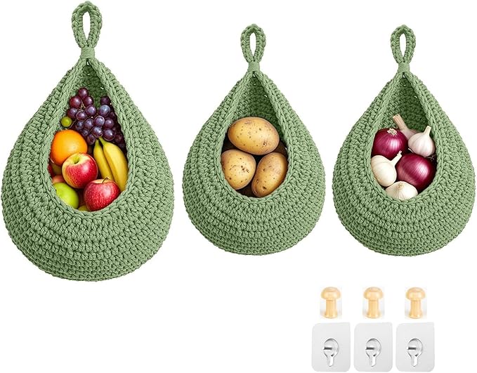 Halidali Hanging Fruit Baskets for Kitchen, 3 Pack Boho Cotton Rope Handwoven Vegetable Storage Wall Mounted Large Organizing Basket for Farmhouse Decor, Onion, Potato, Garlic and Plants (Green)