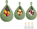 Halidali Hanging Fruit Baskets for Kitchen, 3 Pack Boho Cotton Rope Handwoven Vegetable Storage Wall Mounted Large Organizing Basket for Farmhouse Decor, Onion, Potato, Garlic and Plants (Green)