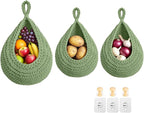 Halidali Hanging Fruit Baskets for Kitchen, 3 Pack Boho Cotton Rope Handwoven Vegetable Storage Wall Mounted Large Organizing Basket for Farmhouse Decor, Onion, Potato, Garlic and Plants (Green)