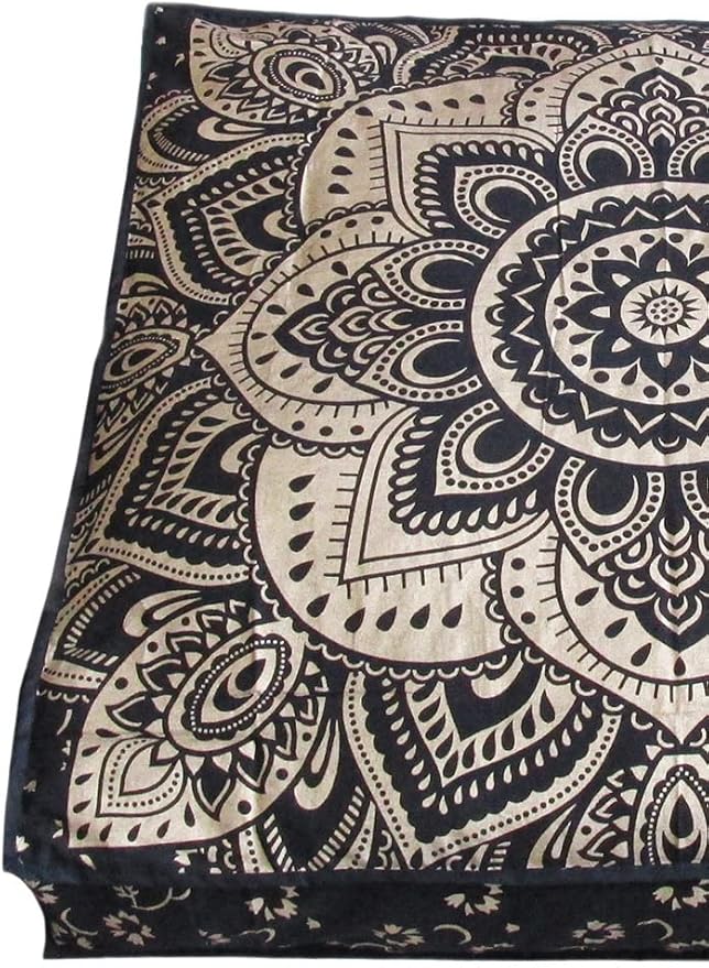 CRAFT KALA Mandala Floor Pillow Cushion Cover Seating Throw Cover Hippie Decorative Bohemian Ottoman Poufs Pom Pillow Cases Boho Indian Cotton Living Room Yoga Home Décor 35" Square, Black Gold Flower