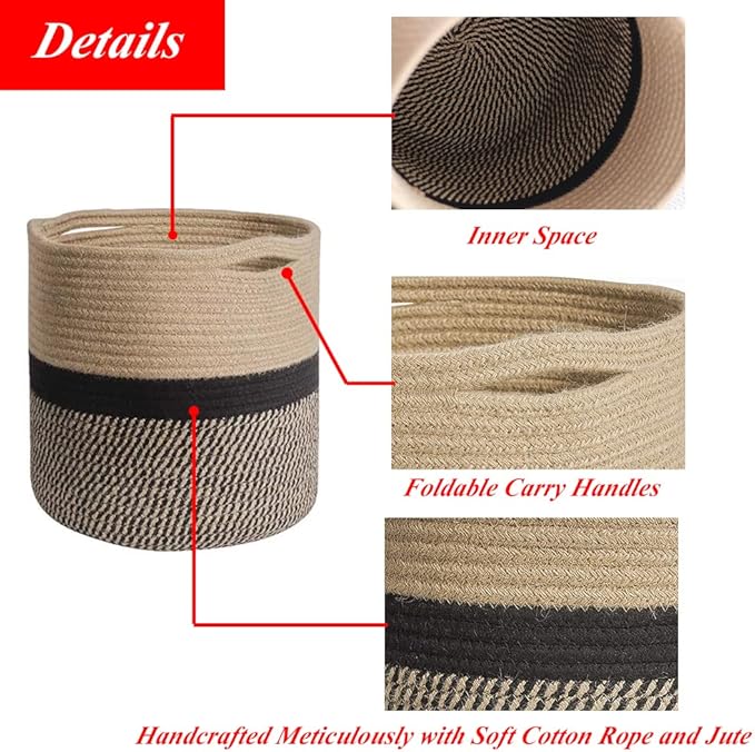 Woven Cotton Rope Plant Basket for Flower Pot Indoor Planters, 10" x 10" Jute Foldable Storage Basket Organizer Modern Decor Household Laundry Basket