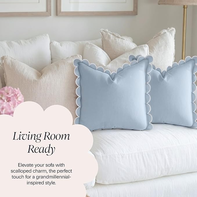 BEBE BASK Blue Scalloped Pillow Cover - Set of 2-18 x 18 Inch - Scallop Pillow Cover - Scalloped Pillows - Scallop Pillows - 100% Cotton - Grandmillennial Style (Sky Blue/White)