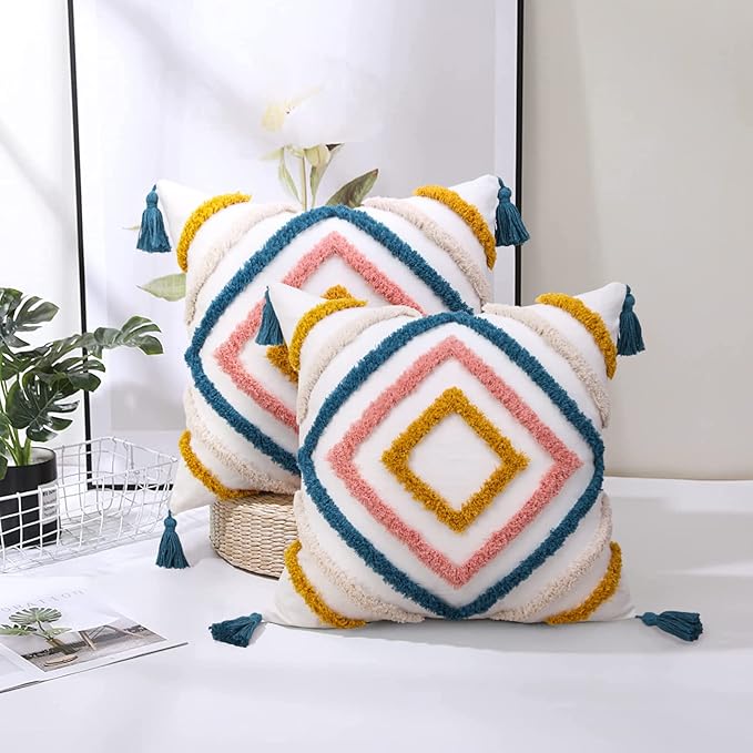 JASEN Throw Pillow Covers 20x20, Boho Pillow Cover with Tassels Woven Tufted Decorative Pillow Cover for Couch Sofa Bedroom Living Room (Blue, 20"x20")