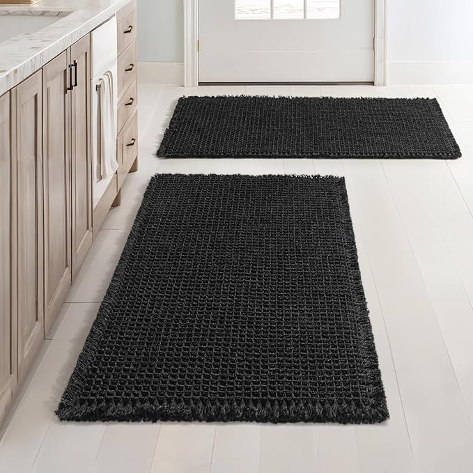 MIULEE Set of 2 Waffle Bathroom Rugs, Boho Bath Rugs Non Slip Washable, Super Absorbent Bath Mats, Ultra Soft Rubber Backed Shower Mats for Bathroom Floor, Tub and Shower, Black, 18x30 Inch