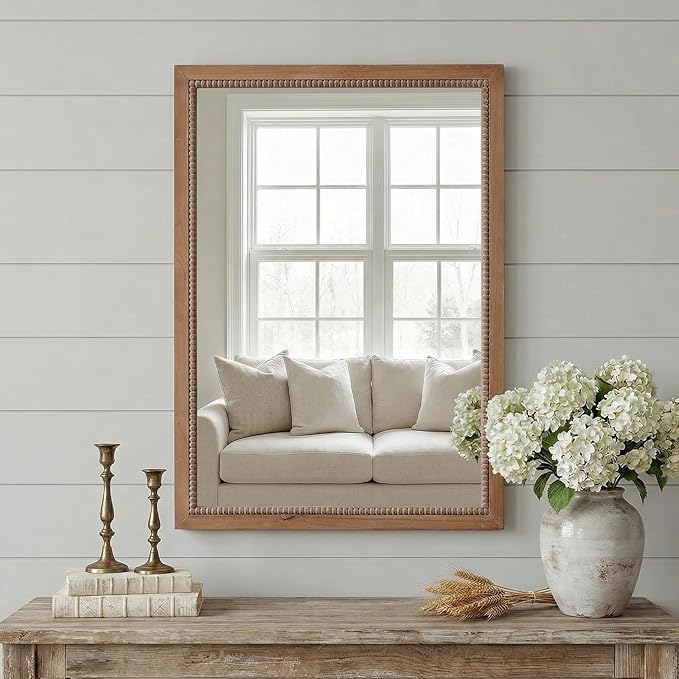 sawsile Rectangular Wood Mirror,22x30 inch Rustic Farmhouse Natural Wooden Frame Boho Beads Wall Mirror for Bathroom,Living Room,Bedroom or Entryway