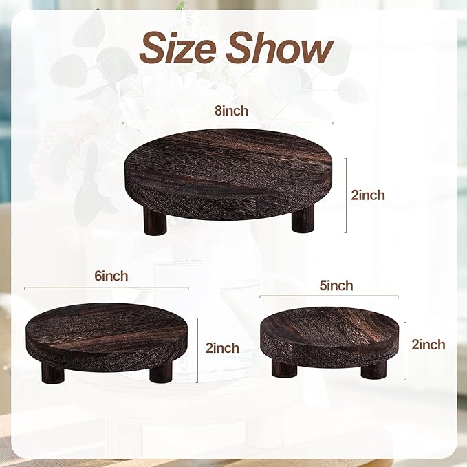 3 Pcs Wood Plant Stand Indoor Outdoor, Wooden Stool Display Stand 5/6/8" Round Riser Flower Pot Holder with Raised Edge Small Planter Tray Modern Potter Decorative for Garden Desktop Home Table Counter Room (Dark Brown)