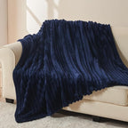 NEWCOSPLAY Super Soft Throw Blanket Dark Navy Premium Silky Flannel Fleece 3D Ribbed Jacquard Lightweight Bed Blanket All Season Use (Dark Navy Ribbed, Throw(50"x60"))