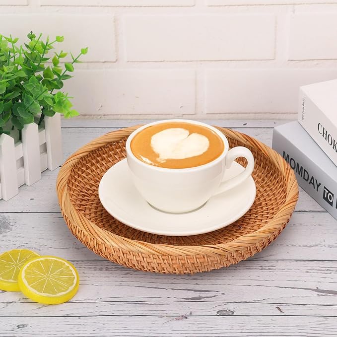 3 Pack Round Rattan Basket Bowl, 8.6 Inch Hand-Woven Rattan Basket for Entryway, Round Wicker Storage Baskets, Suitable for Food Serving, Keys Tray, and Home Decoration