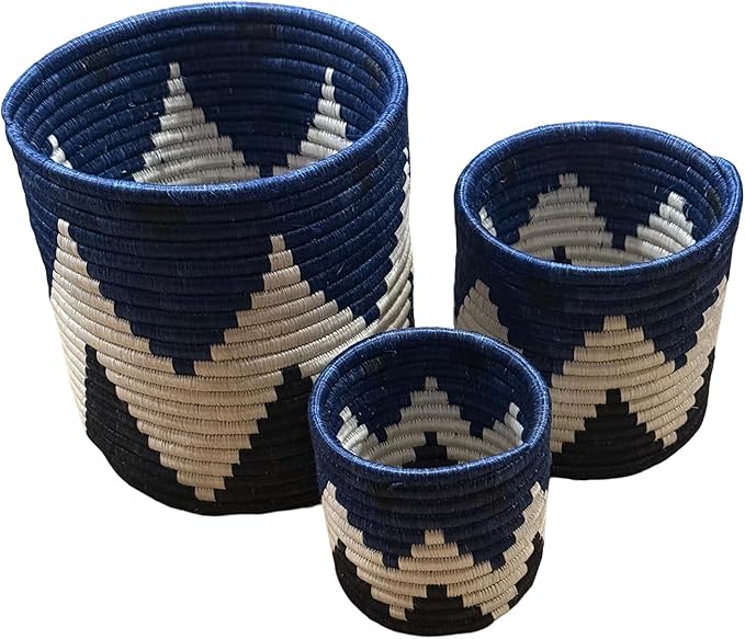 Handwoven African Planter Baskets (Set of 3) Sisal basket for Indoor Plant Pots Vase Home decor Storage Organizer Zen Designs Arts and Crafts (Geometric Blue and Black)