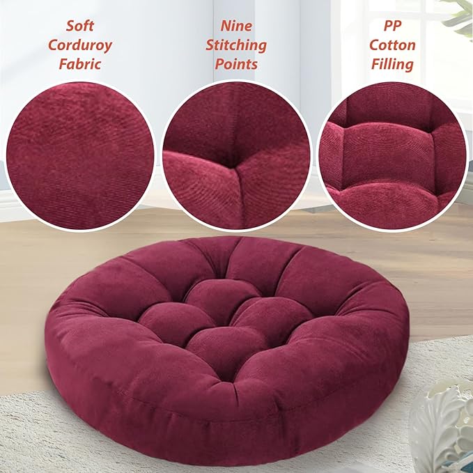 Meditation Floor Pillow Set of 2 Large Round Floor Cushions for Adults Tufted Corduroy Floor Seat Pillows Cushion for Living Room Tatami Yoga,Brown 22x22 Inch
