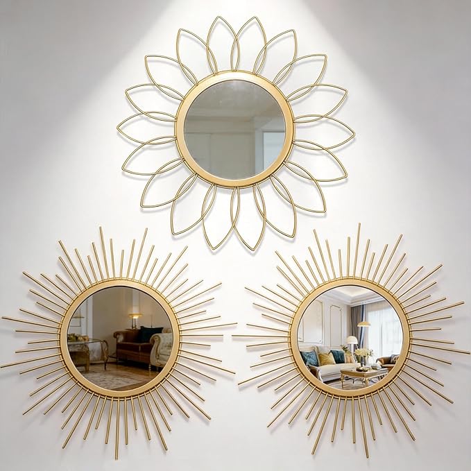 Boho Sunburst Wall Mirror Set of 3, 12 Inch Round Antique & Modern Metal Wall Art, Hanging Over The Door Mirrors for Wall Decor in Living Room, Bedroom, Bathroom, Entryway（Gold）