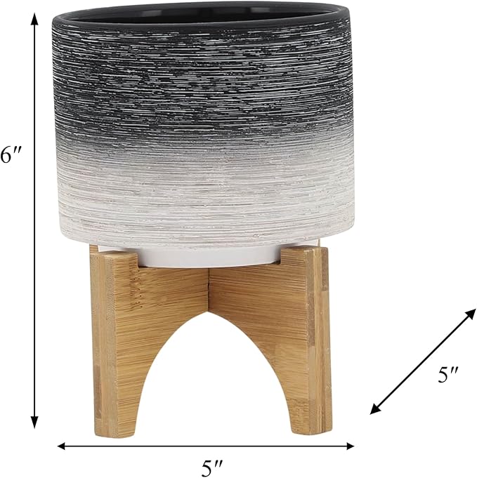 Modern Ceramic Planter with Wooden Stand – Stoneware Plant Pot Holder, Stylish Indoor & Outdoor Home Decor for Living Room, Bedroom, Office, or Garden, Plant Stand Indoor – 6", Gray & White