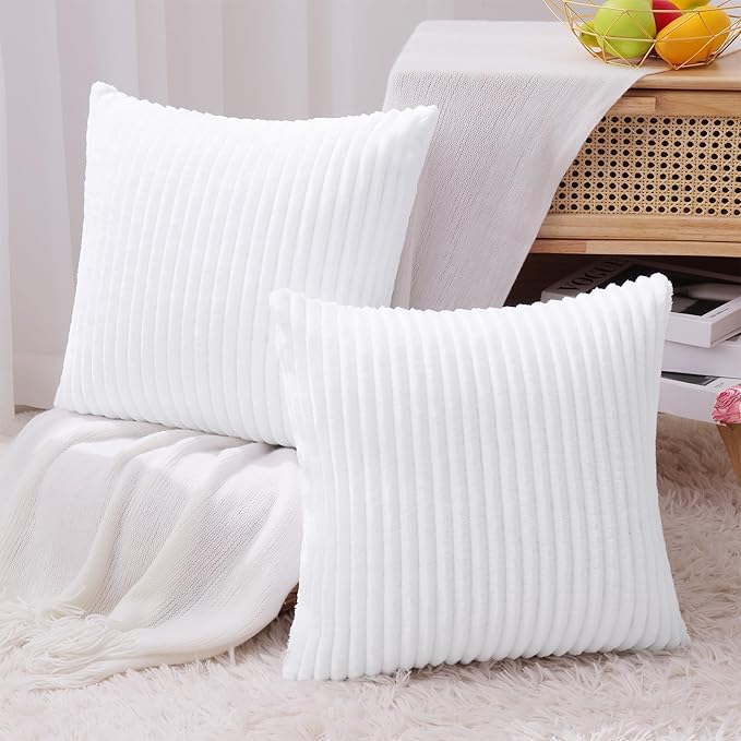 Simmore Decorative Spring Throw Pillow Covers 18x18 Set of 2, Soft Natural Plush Flannel Double-Sided Fluffy Couch Pillow Covers for Sofa Living Room, White