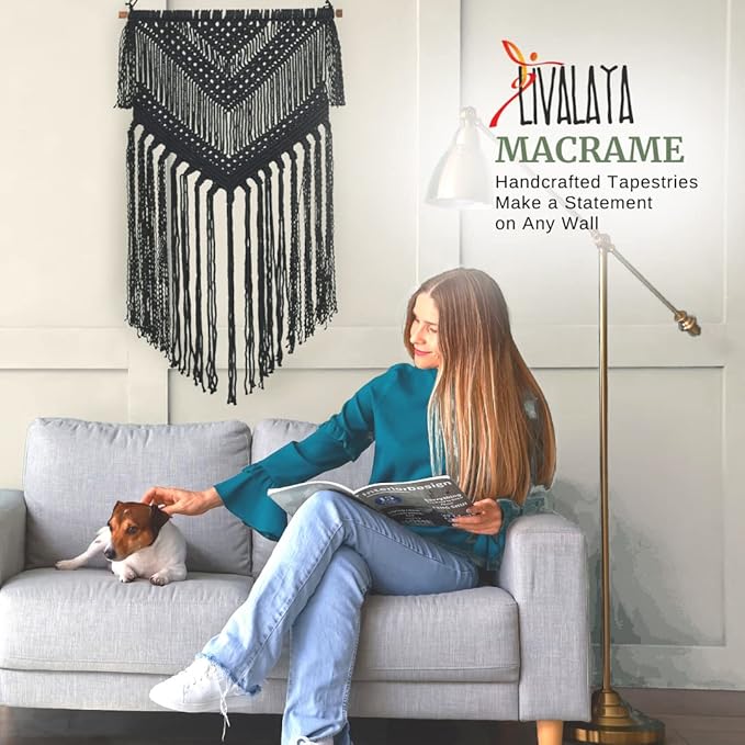 Livalaya Boho Black Macrame Woven Wall Hanging - Black 16 in x 36 in Modern Bohemian Tapestry wall Art Decor for House, Apartment, Dorm, Bedroom, Nursery, Party Decorations, Wedding, Wall Ornament