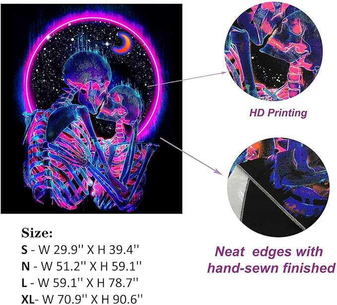 TUGCAY Blacklight Skull Tapestry Glow in the Dark Tapestry Kissing Lovers Tapestries Skeleton Neon Trippy Moon Stars Vertical Posters Wall Hanging Decor for Bedroom Aesthetic – 29.9” x 39.4”