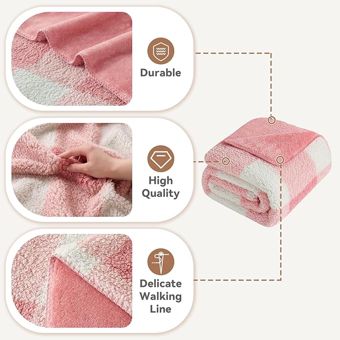 LURKA Checkered Sherpa Fleece Throw Blanket – Soft and Cozy, Medium Weight for All Season, Plush Throw for Couch, Bed, Dorm & Pets, Powder Pink, 60x80 Inches
